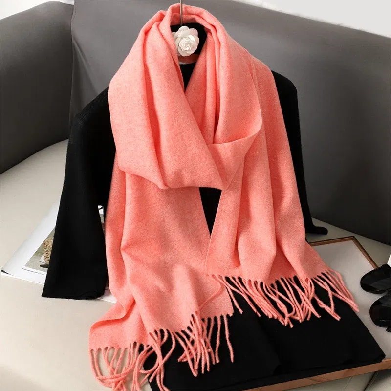 Color: Watermelon red - New 62 Color Winter Scarf For Women Long Warm Cashmere Scarves Hijab Solid Lady Shawl Wrap Female Pashmina Bandana Head Scarfs