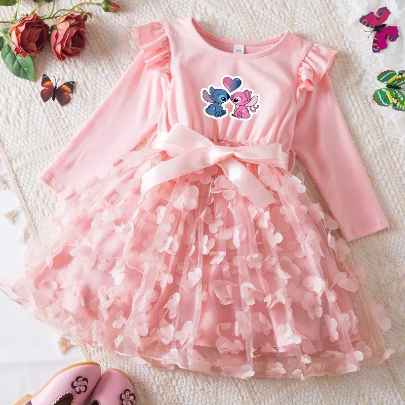 Color: WHITE, Size: One Size, Height: 158 - Lilo Stitch Girl Baby Dresses Spring Autumn Child Long Sleeve Sweet Princess Dress Mesh Newborn Casual Dress Birthday Party 2-6Y