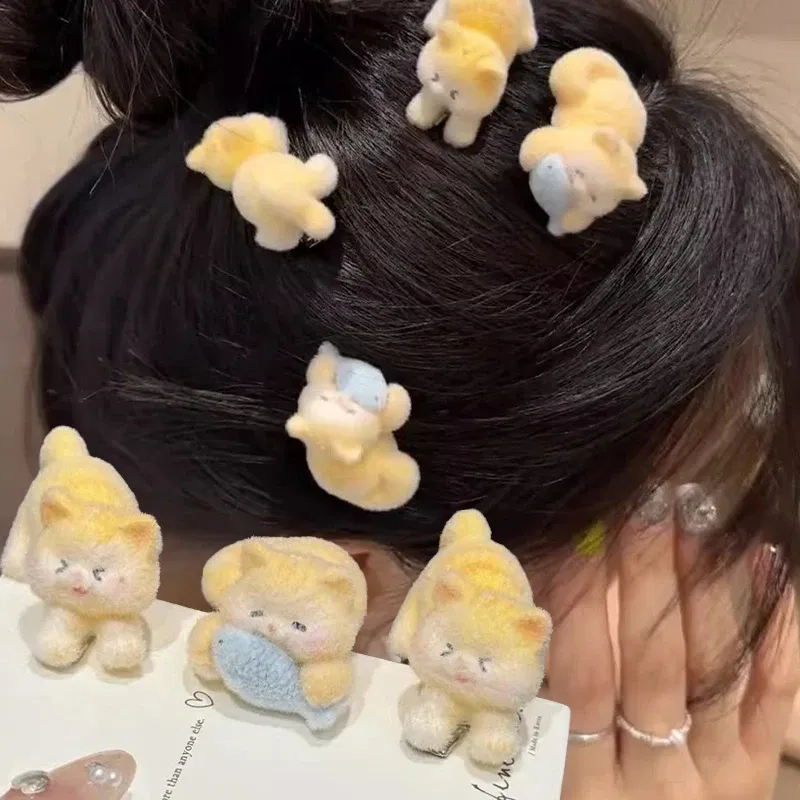 Color: GRAY - 1/2pcs New Cat Flocking Hair Clip Plush Cute Cat Fish Hairpin Sweet Kawaii Hair Clips for Girls Kids Headwears Deraction Gifts