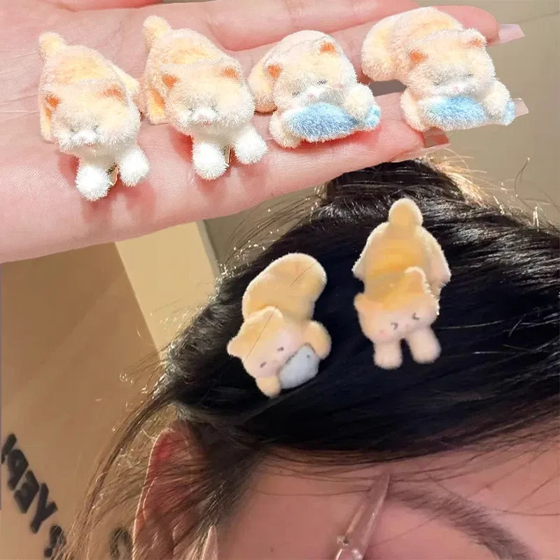 Color: GRAY - 1/2pcs New Cat Flocking Hair Clip Plush Cute Cat Fish Hairpin Sweet Kawaii Hair Clips for Girls Kids Headwears Deraction Gifts