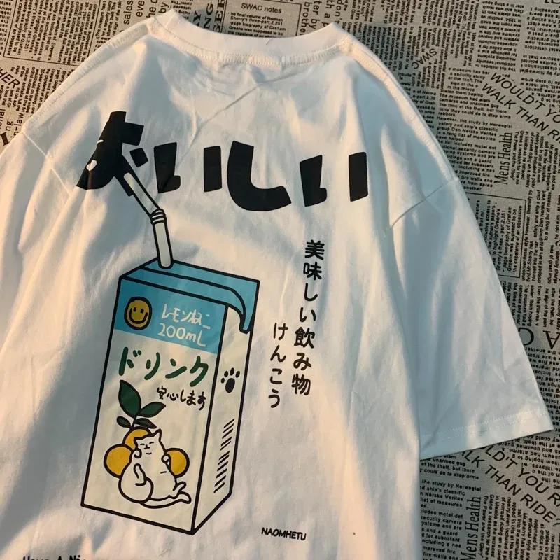 Color: SKY BLUE, Size: XL - Cute Japanese Cat Print Oversized T-shirt men Women Short Sleeve Loose Casual Tee Shirt Streetwear Tops Cotton Harajuku Clothing