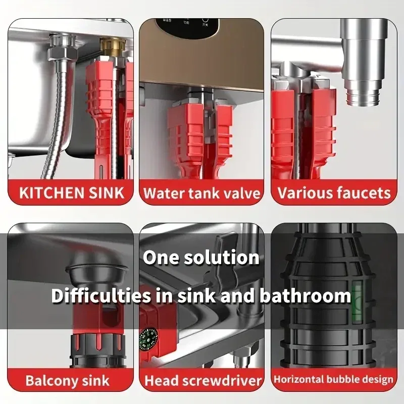 Color: Black - 24/18/8 Multifunction Faucet and Sink Installer Tool Faucet Wrench Tool Plumbing Tool Water Pipe Spanner for Kitchen Bathroom