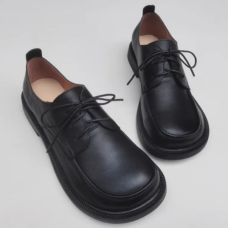 Color: black, Shoe Size: 11 - Careaymade-Genuine leather big head wide version men's English lace up leather shoes business leisure original single shoes