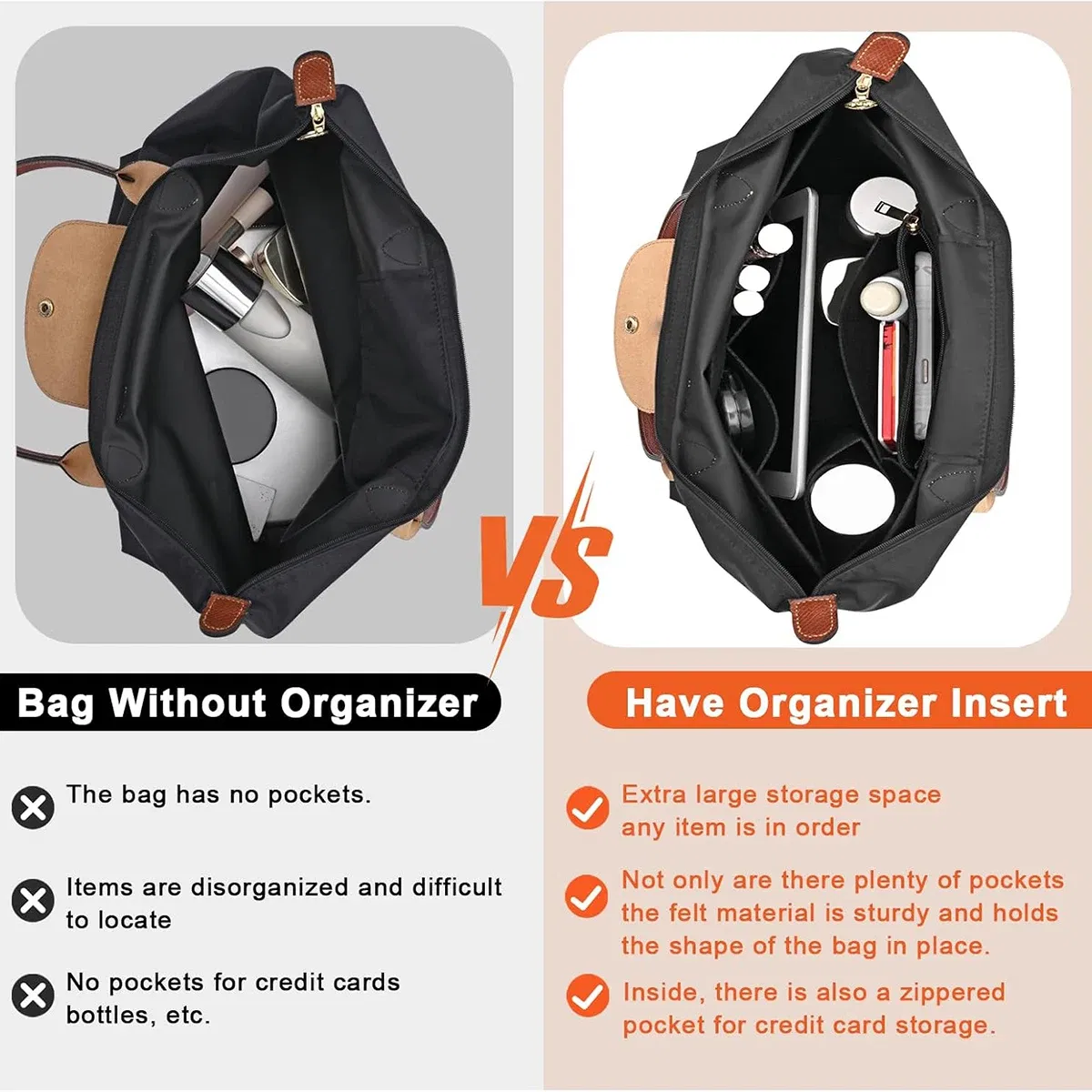 Color: Chocolate - Felt Purse Organizer Insert for Longchamp Le Pliage S/ML Handbag Insert