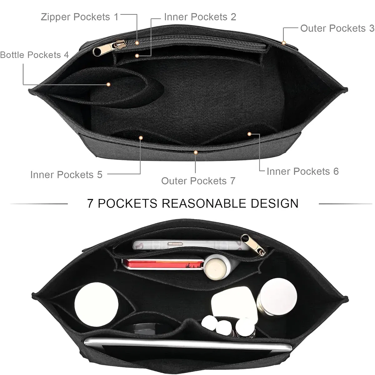 Color: Chocolate - Felt Purse Organizer Insert for Longchamp Le Pliage S/ML Handbag Insert