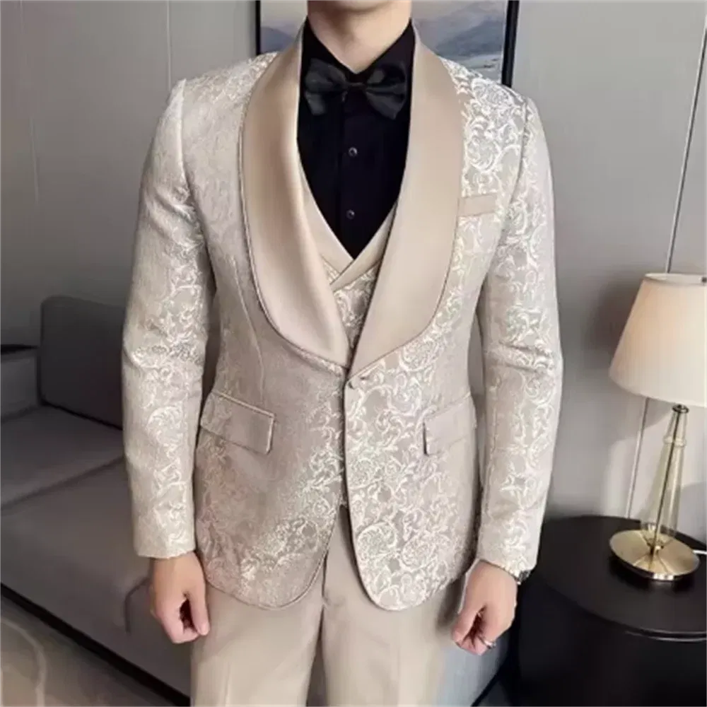 Color: Khaki, Size: 6XL - Green Men's Suit 3-Piece, Wedding Party Dress Jacket with Vest & Trousers, Asian Size Slim Men Sets, Beige Black Blue Available