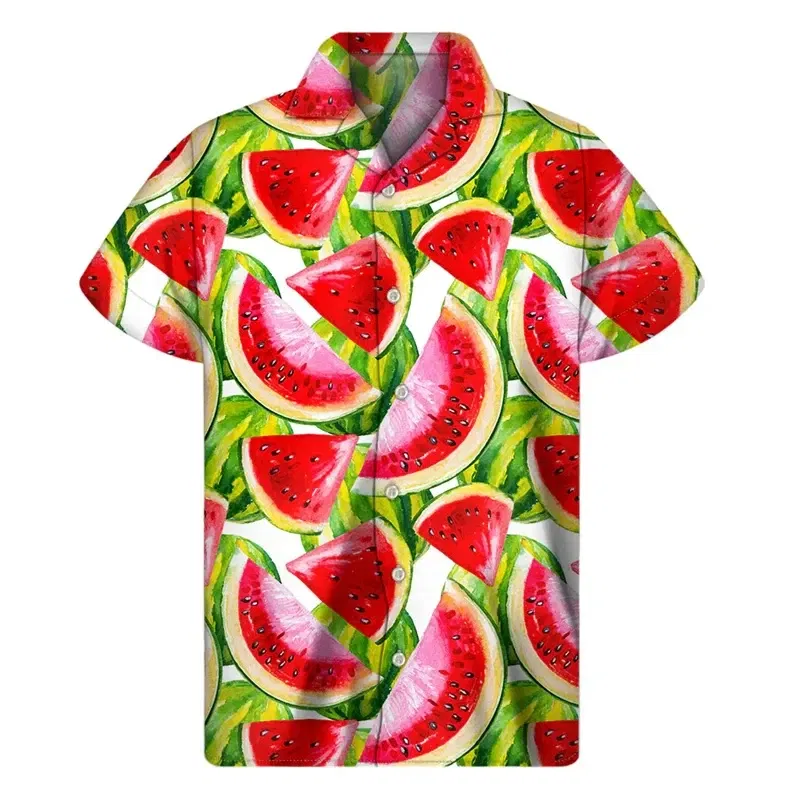 Color: green, Size: XL - Tropical Watermelon Graphic Hawaiian Shirt Summer Street Short Sleeves 3d Printed Fruits Button Shirts Men Clothes Lapel Blouse