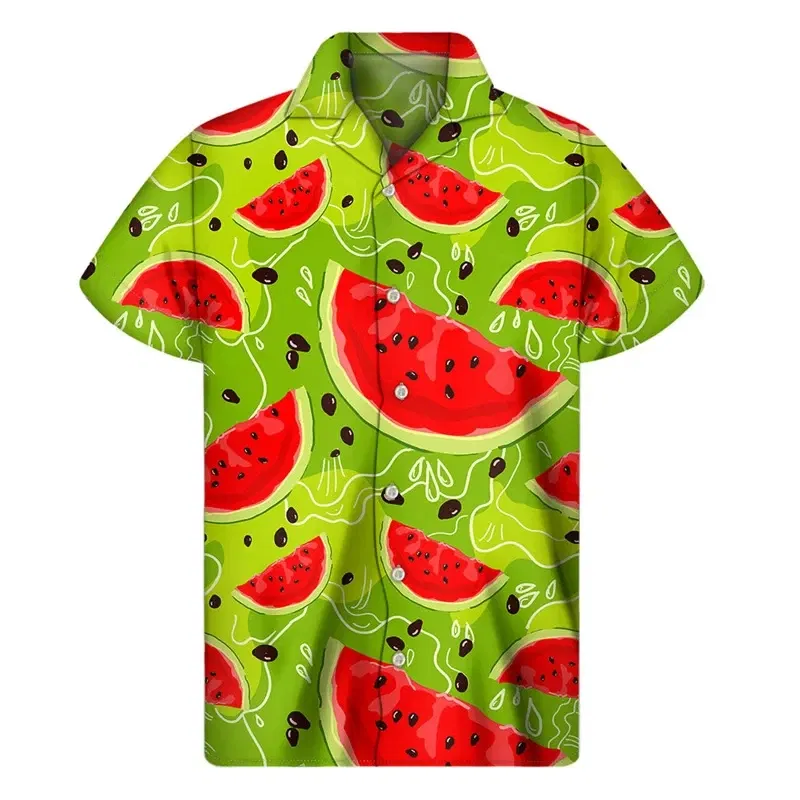 Color: green, Size: XL - Tropical Watermelon Graphic Hawaiian Shirt Summer Street Short Sleeves 3d Printed Fruits Button Shirts Men Clothes Lapel Blouse