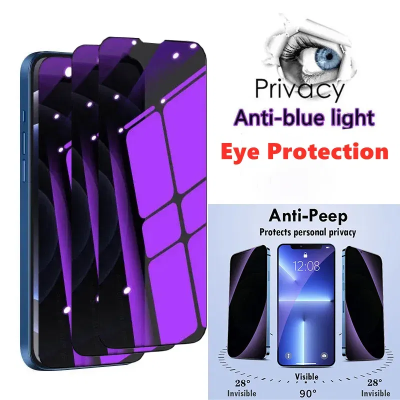 Color: army green - Anti Blue Light Privacy Tempered Glass for iPhone 16 15 Pro Max 14 Plus 13 12 Mini 11 Eye Protection Clear Screen Protector Film
