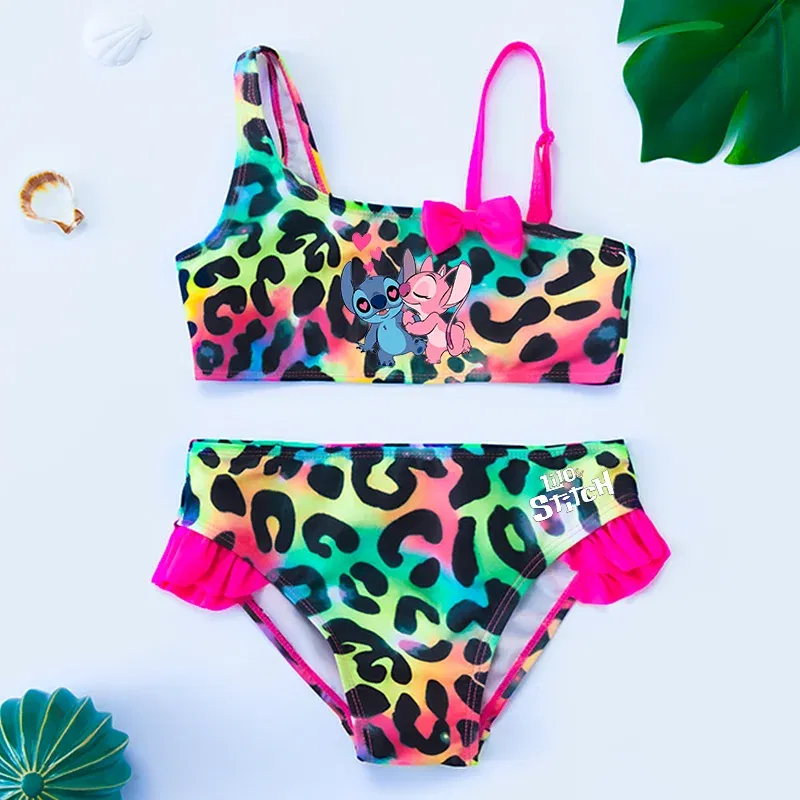 Color: GRAY, Size: M - Lilo Stitch Gilrs Bow Bikini Set Trendy Two-Piece Swimsuits for Summer Stylish Beachwear Pool Fashion Bathing Suits 3-12Y