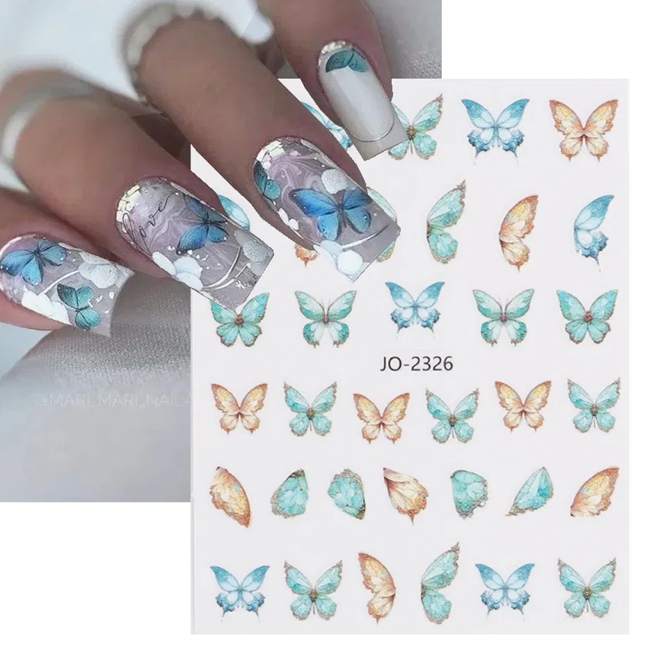 Color: Chocolate - 3D Blue Butterfly Adhesive Stickers Nail Art Decoration Laser Flowers Leaves Nail Sticker Nail Art Supplies Nail Parts