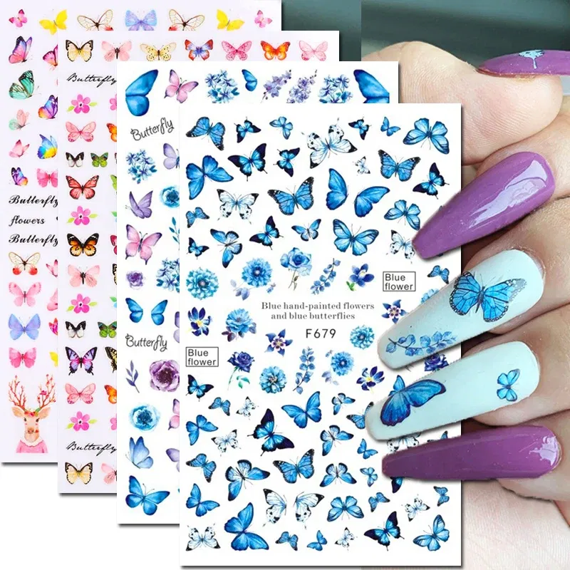 Color: Chocolate - 3D Blue Butterfly Adhesive Stickers Nail Art Decoration Laser Flowers Leaves Nail Sticker Nail Art Supplies Nail Parts