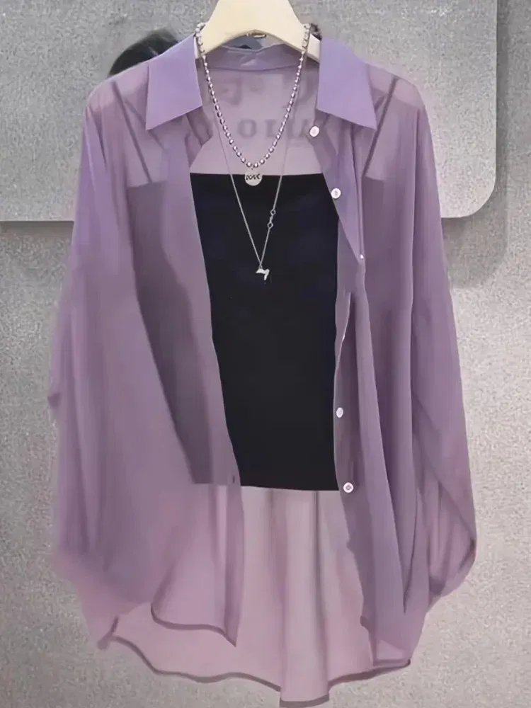 Size: 1XL, Color: Silver# - Plus Size Women?™s Shirts 2025 Summer Breathable and Sun-Proof Ice Silk with Button Thin Loose Sheer Chiffon Blouses Long Sleeve