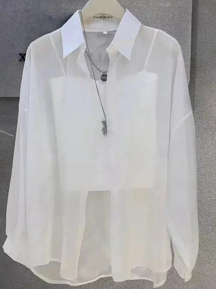 Size: 1XL, Color: Silver# - Plus Size Women?™s Shirts 2025 Summer Breathable and Sun-Proof Ice Silk with Button Thin Loose Sheer Chiffon Blouses Long Sleeve