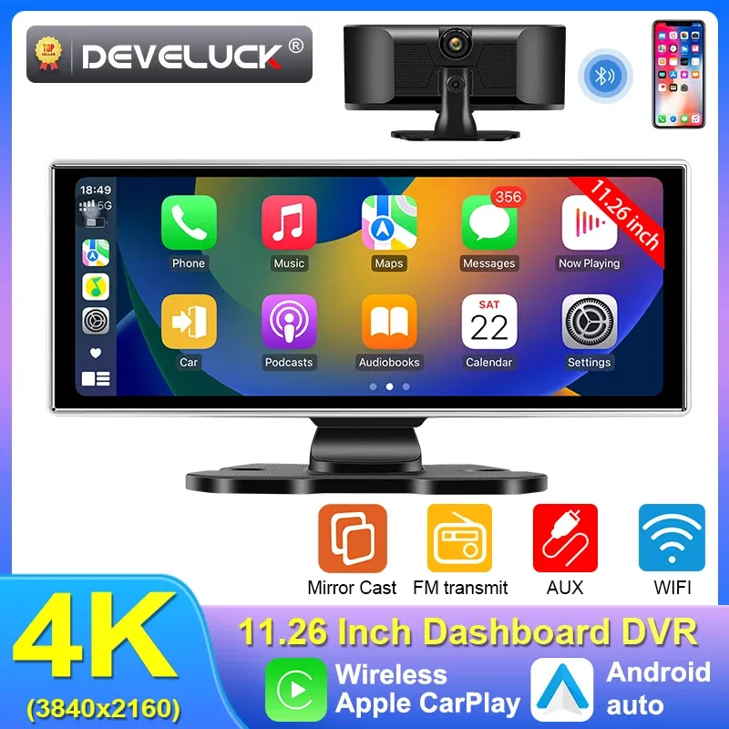 Color Name: Orange, Sd Card Memory: 16g - 11.26" 4K Dash Cam Rear view Camera Wireless Carplay Android Auto Dual Lens Car DVR Video Recorder AUX GPS BT FM Mirror Monitor