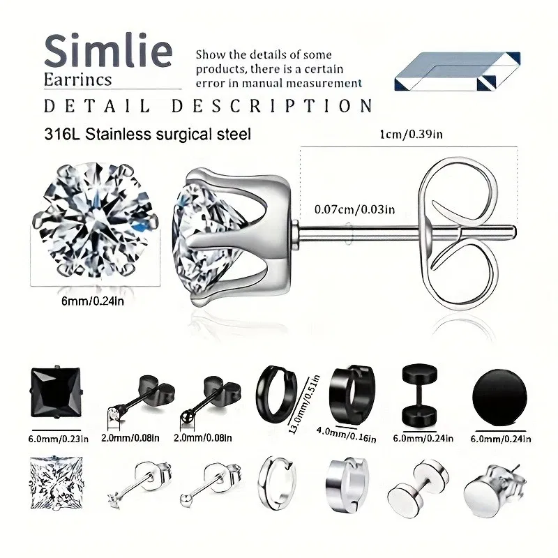 Metal Color: Rhodium Plated - 16pairs Stainless Steel Earrings For Men, CZ Black & Silvery Earrings Huggie Hoop Jewelry Earrings Set