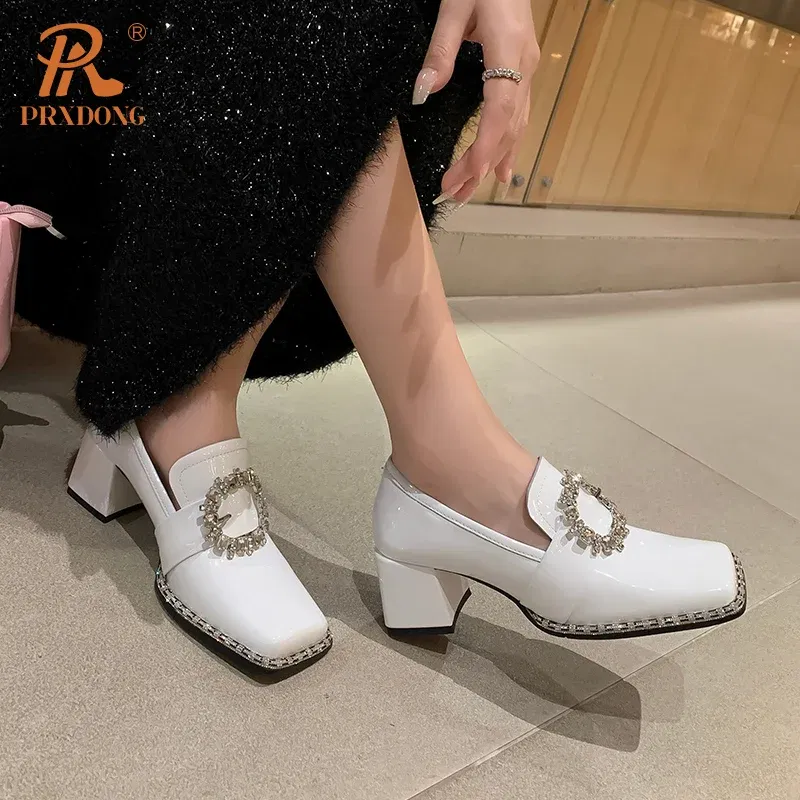 Color: Beige, Shoe Size: 34, Ships From: CHINA - PRXDONG New Arrivals Genuine Leather Spring Summer Women Pumps Square Med Heel Crystal Black White Dress Party Office Lady Shoes