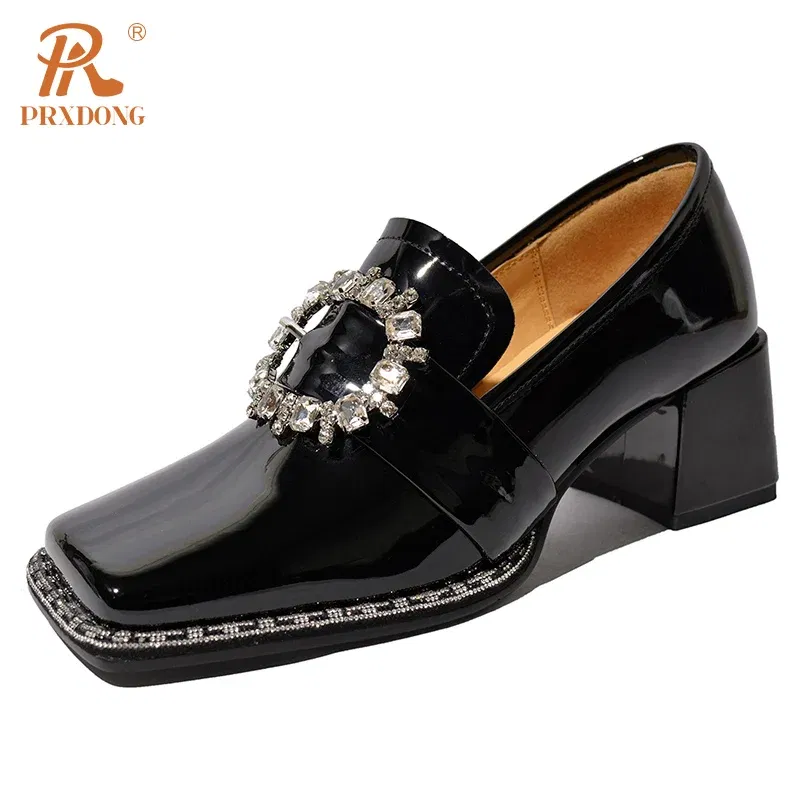 Color: Beige, Shoe Size: 34, Ships From: CHINA - PRXDONG New Arrivals Genuine Leather Spring Summer Women Pumps Square Med Heel Crystal Black White Dress Party Office Lady Shoes