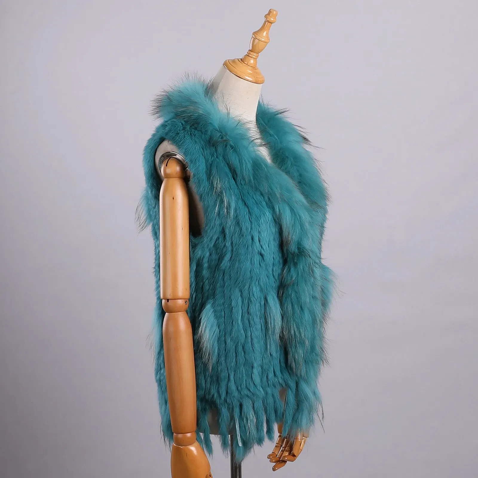 Color: Turquoise, Size: L - Luxury Women's Genuine Premium Long Hair Rabbit Fur Knit Vest Raccoon Fur Trim Gilet Lady Sleeveless Waistcoat Real Fur Jacket