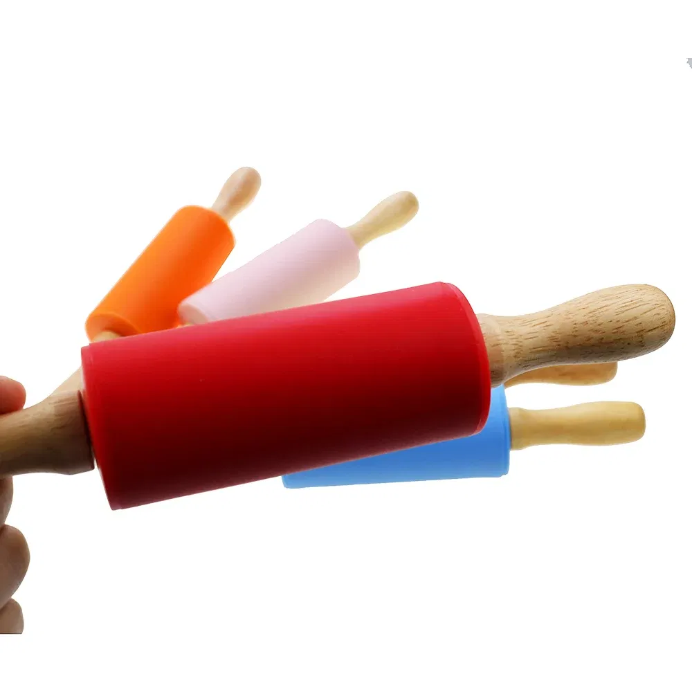 Color: Pink - 1pcs Non-Stick Wooden Handle Pin Pastry Dough Flour Roller Silicone Rolling Kitchen Baking Cooking Tools Christmas Rolling Pin