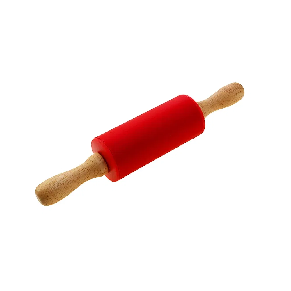 Color: Pink - 1pcs Non-Stick Wooden Handle Pin Pastry Dough Flour Roller Silicone Rolling Kitchen Baking Cooking Tools Christmas Rolling Pin