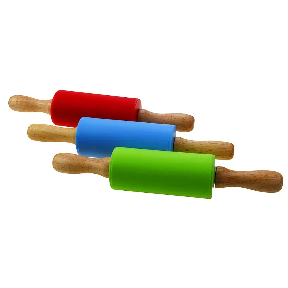 Color: Pink - 1pcs Non-Stick Wooden Handle Pin Pastry Dough Flour Roller Silicone Rolling Kitchen Baking Cooking Tools Christmas Rolling Pin