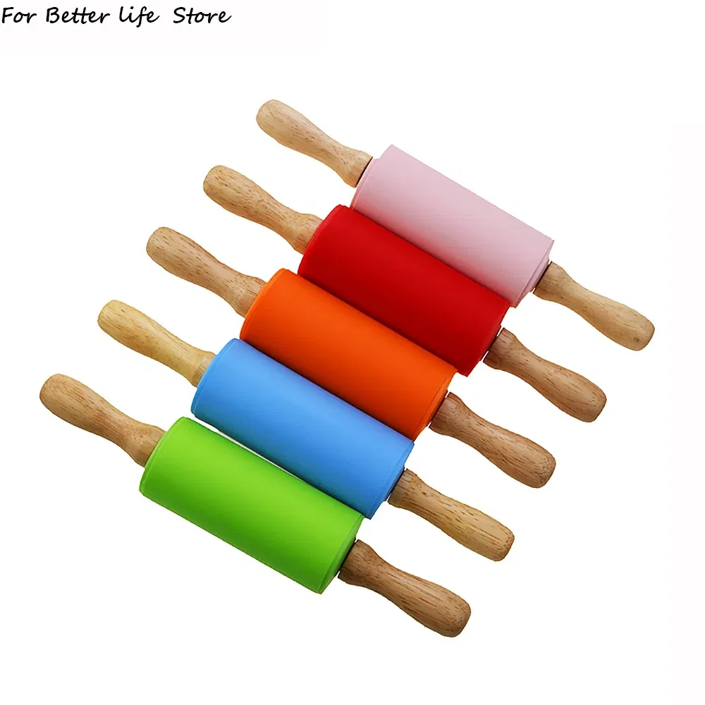 Color: Pink - 1pcs Non-Stick Wooden Handle Pin Pastry Dough Flour Roller Silicone Rolling Kitchen Baking Cooking Tools Christmas Rolling Pin