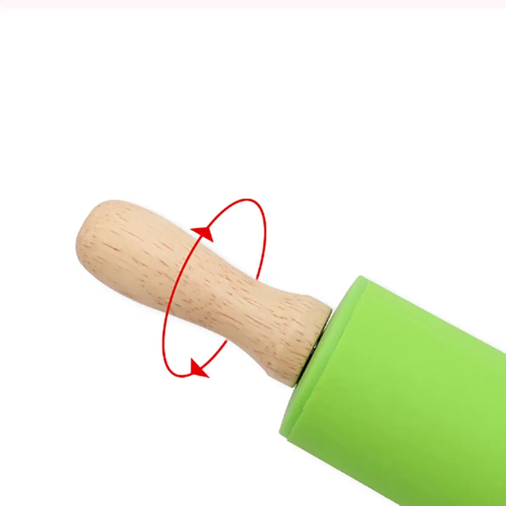 Color: Pink - 1pcs Non-Stick Wooden Handle Pin Pastry Dough Flour Roller Silicone Rolling Kitchen Baking Cooking Tools Christmas Rolling Pin