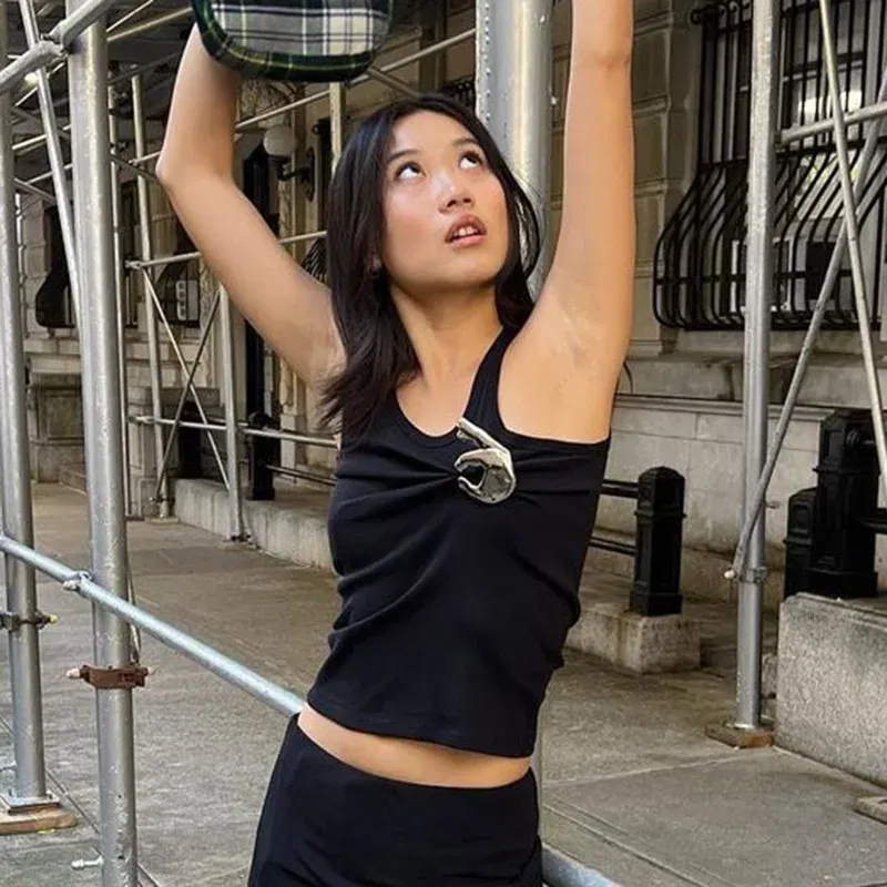 Color: black, Size: M - Women's Personalized Fashion Personalized Shrink Tank Top Sexy Solid Color OK Pattern Tank Top