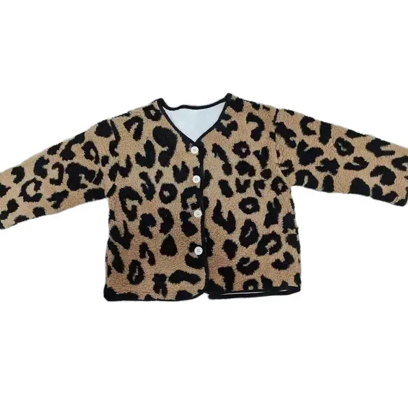 Color: Beige, Kid Size: 3T - Girls jacket leopard print V-neck plus velvet padded jacket cotton-padded jacket 2024 new winter