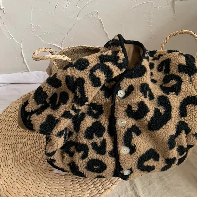 Color: Beige, Kid Size: 3T - Girls jacket leopard print V-neck plus velvet padded jacket cotton-padded jacket 2024 new winter