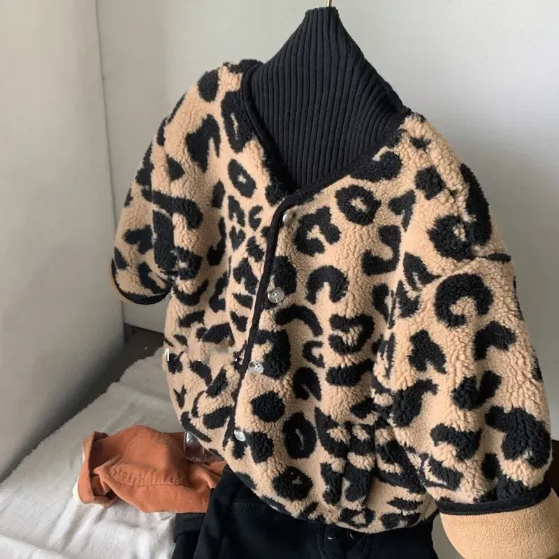 Color: Beige, Kid Size: 3T - Girls jacket leopard print V-neck plus velvet padded jacket cotton-padded jacket 2024 new winter