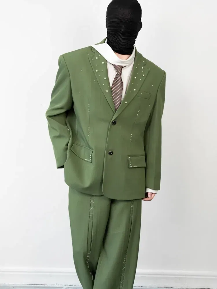 Color: Beige, Size: XXL - 2025 Hot Sale Mens Beads Design Spring Suits Casual Two Piece Set Loose Fit Fashion Match Set Outfit Hand Stitch Wide Leg Pants