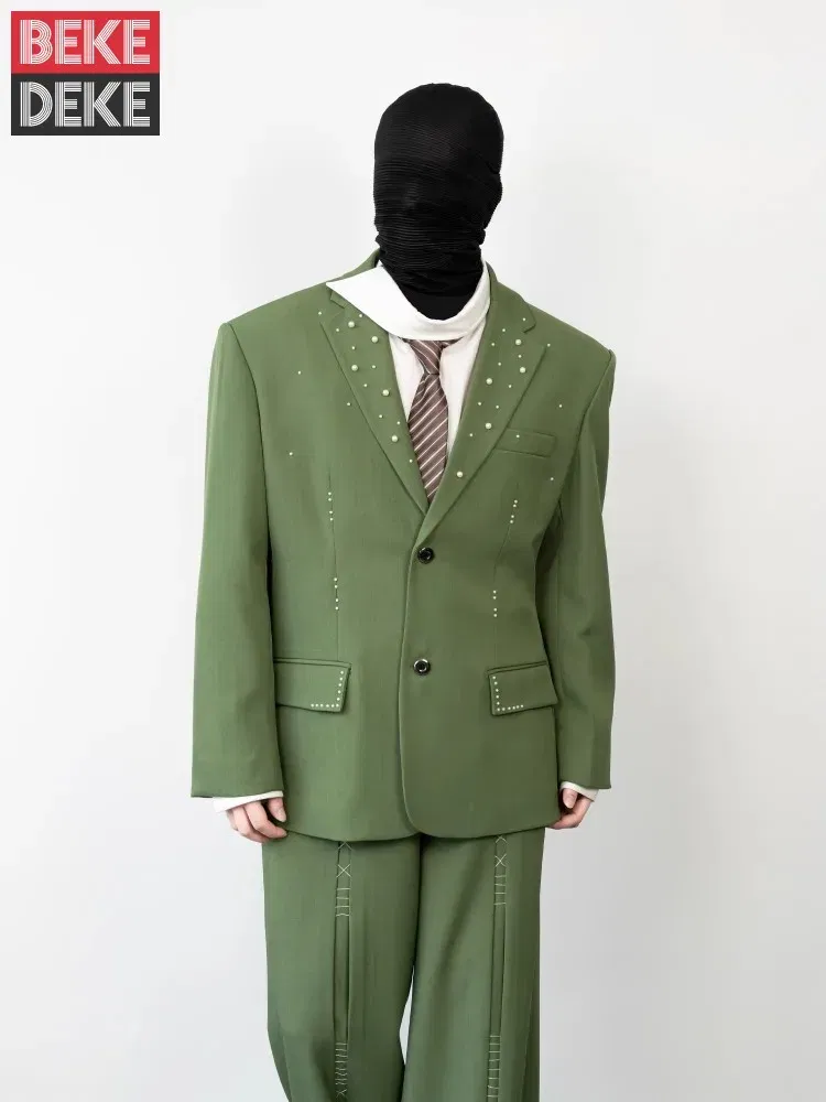 Color: Beige, Size: XXL - 2025 Hot Sale Mens Beads Design Spring Suits Casual Two Piece Set Loose Fit Fashion Match Set Outfit Hand Stitch Wide Leg Pants