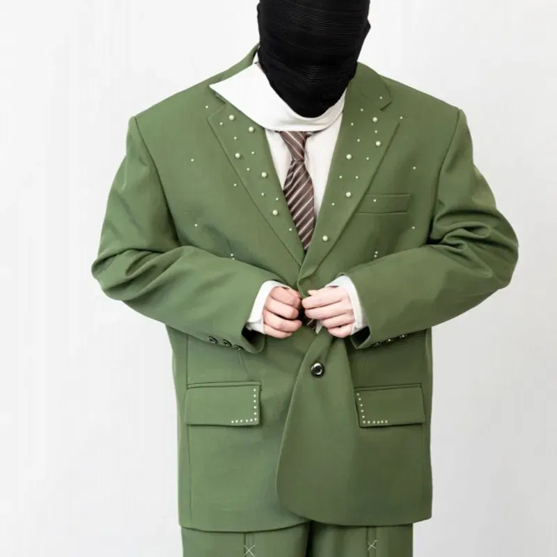 Color: Beige, Size: XXL - 2025 Hot Sale Mens Beads Design Spring Suits Casual Two Piece Set Loose Fit Fashion Match Set Outfit Hand Stitch Wide Leg Pants