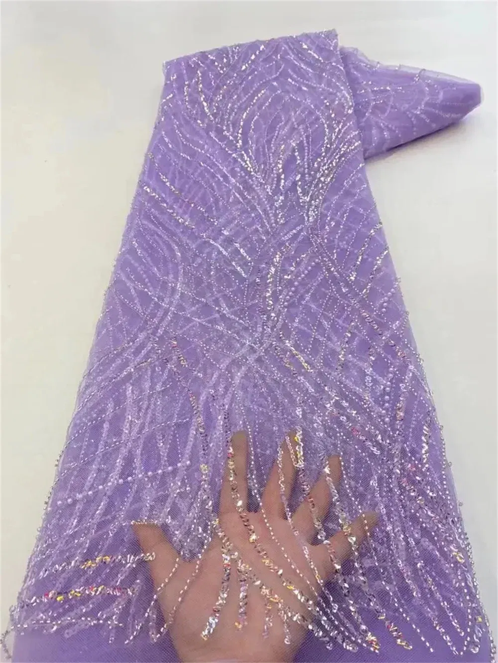 Color: BROWN, Length: 5 yards, Width: 120cm - Luxury African Sequins Beaded Lace Fabric 2025 High Quality Groom Nigerian Wedding Bridal Embroidery French Tulle Sewing