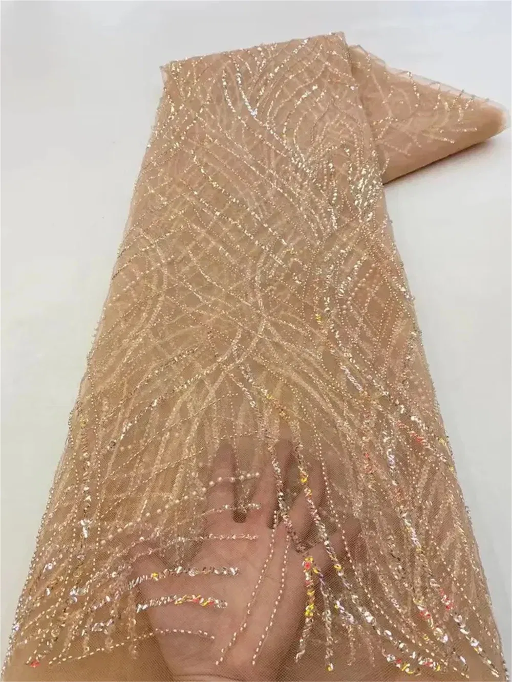 Color: BROWN, Length: 5 yards, Width: 120cm - Luxury African Sequins Beaded Lace Fabric 2025 High Quality Groom Nigerian Wedding Bridal Embroidery French Tulle Sewing