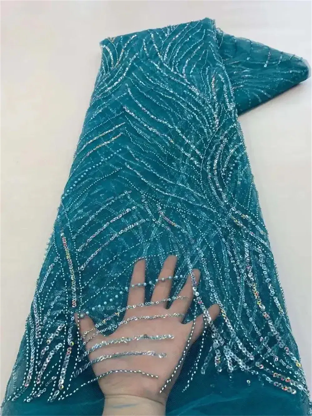 Color: BROWN, Length: 5 yards, Width: 120cm - Luxury African Sequins Beaded Lace Fabric 2025 High Quality Groom Nigerian Wedding Bridal Embroidery French Tulle Sewing