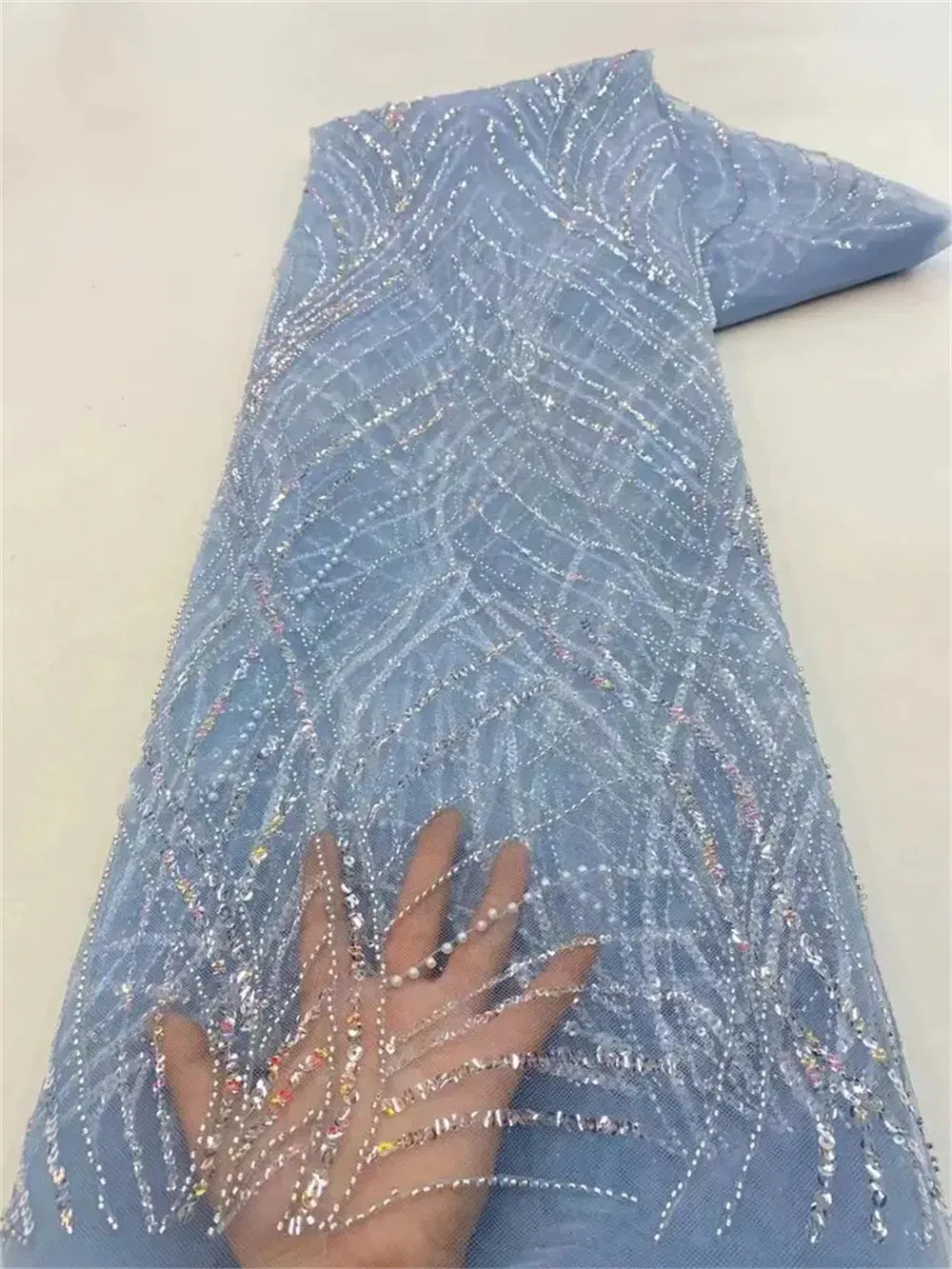 Color: BROWN, Length: 5 yards, Width: 120cm - Luxury African Sequins Beaded Lace Fabric 2025 High Quality Groom Nigerian Wedding Bridal Embroidery French Tulle Sewing