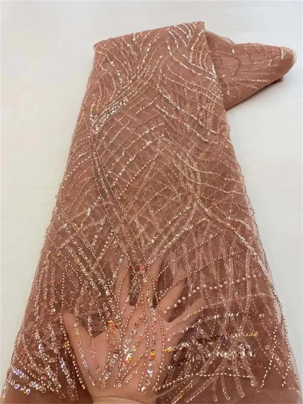 Color: BROWN, Length: 5 yards, Width: 120cm - Luxury African Sequins Beaded Lace Fabric 2025 High Quality Groom Nigerian Wedding Bridal Embroidery French Tulle Sewing