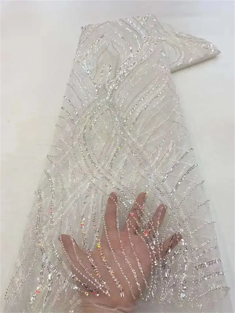 Color: BROWN, Length: 5 yards, Width: 120cm - Luxury African Sequins Beaded Lace Fabric 2025 High Quality Groom Nigerian Wedding Bridal Embroidery French Tulle Sewing