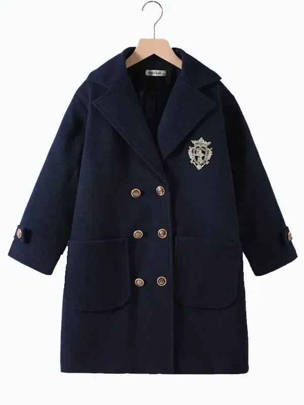 Color: Blue, Kid Size: 4T - Winter Girls Wool Coat Long Double-faced Tweed Overcoat for Kids Fashion Casual Grey 10 12 14 Years Teenage Children Outerwear