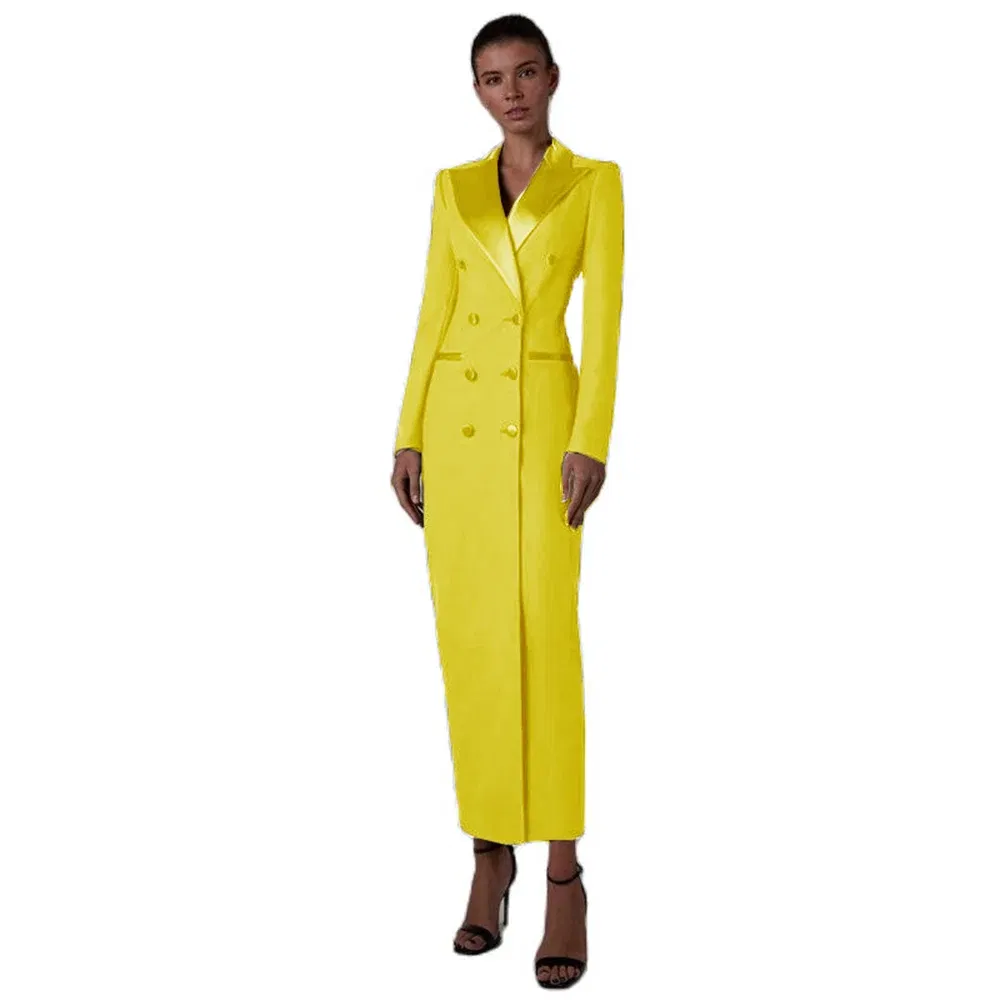 Color: Yellow, Size: S - Women's Suit Long Jacket One Piece Blazer Double Breasted Formal Tuxedo Party Dress кос?‚юм ?¶?µнский