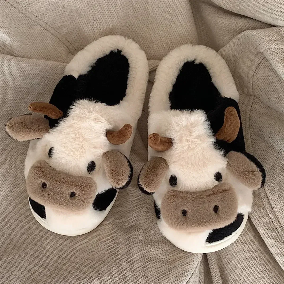 Color: Beige, Shoe Size: 5 - Cartoon Plush Cotton Slippers Women's Indoor Home Winter Cow Cotton Slippers Cute Autumn Winter Cotton Slippers Thick Soles