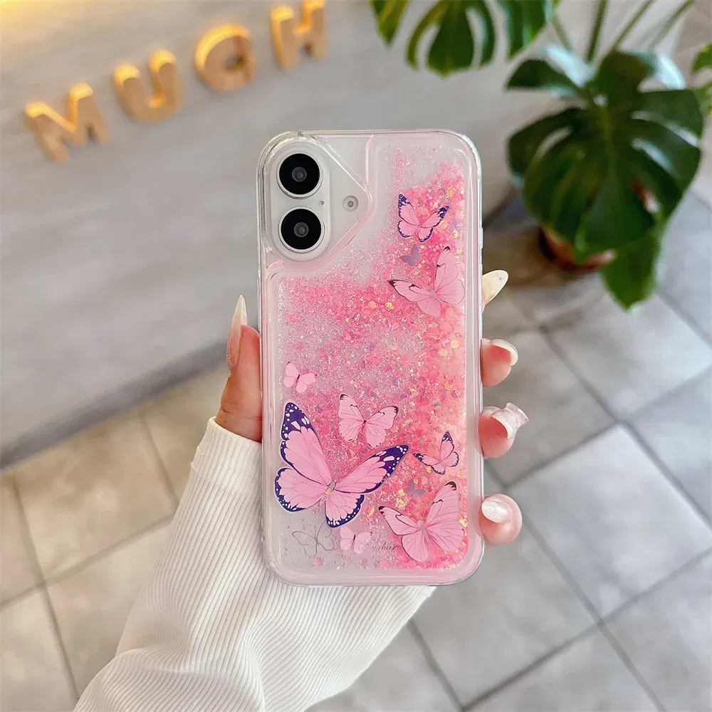 Color: Pink, Material: Microfiber - Luminous Quicksand Glitter Butterfly Case for iPhone 16 15 14 Pro Max Plus 13 12 Mini 11 X Xs XR Soft Silicone Bling Shiny Cover