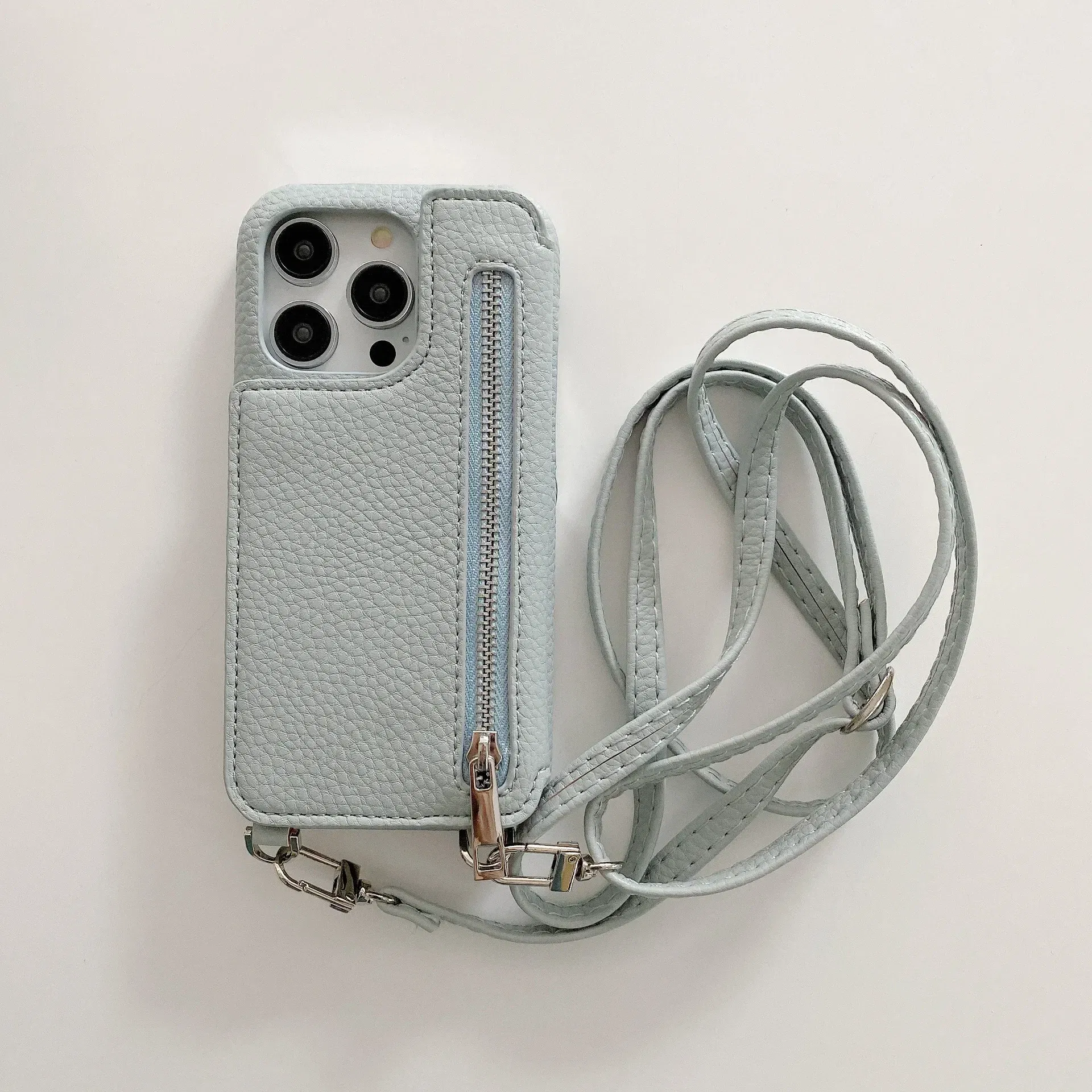 Material: Denim, Color: SKY BLUE - Zipper Wallet Makeup Mirror Crossbody Lanyard Case For iPhone 16 15 14 Pro Max 13 12 11 XR XS 7 8 Plus Card Slot Leather Cover