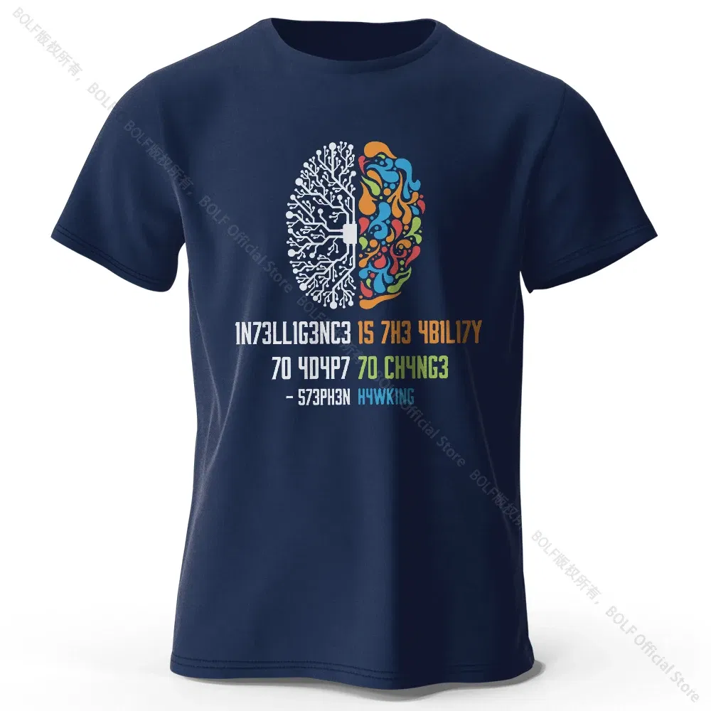 Color: Navy Blue, Size: XL - Funny Brain Power Printed 100% Cotton T-Shirt, Soft & Breathable Round Neck Short Sleeve Tee, Unisex Quirky Style