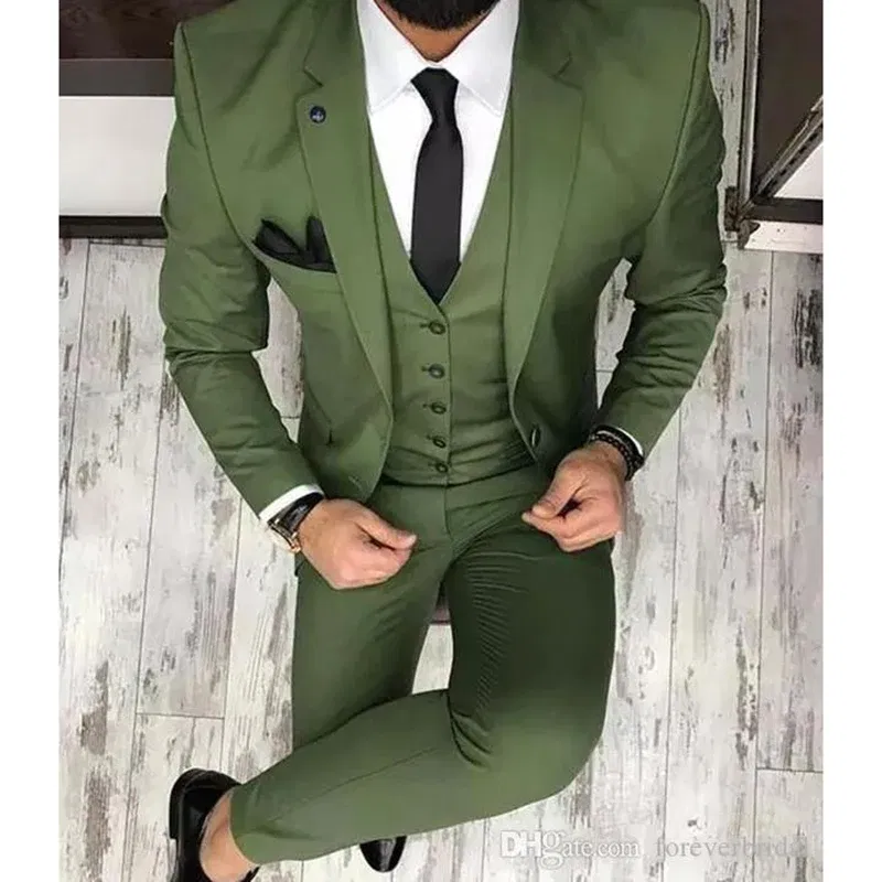 Color: army green, Size: XL - Latest Olive Green Men Suits for Groom 3 Piece Classic Wedding Tuxedo Notched Lapel Best Man Slim Fit Blazer trajes de hombre