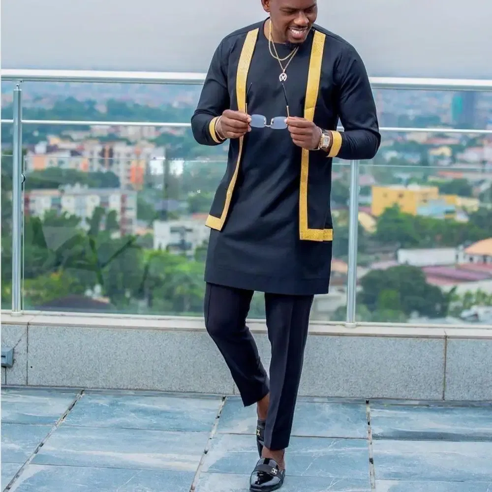 Color: Champagne, Size: XXXL - 2024 New African Traditional Men's Set Elegant and Fashionable Men's Suit Casual Embroidery Two Piece Set Men's Suit Kaftan