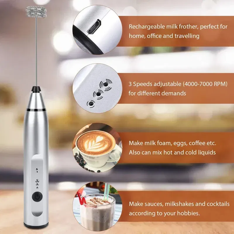 Color: Light Grey - Portable Electric Milk Frothers Handheld Blender USB Mini Coffee Maker Whisk Mixer Cappuccino Cream Egg Beater Food Blender